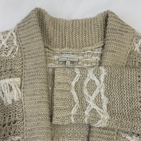 Lucky Brand Sweaters - Lucky‎ Brand Open Front Fringe Knit Cardigan Sweater Beige XL